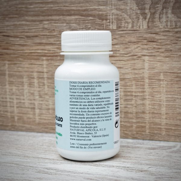 Bote de propóleo en comprimidos masticables de lateral, donde se aprecia la forma de tomar y los ingredientes