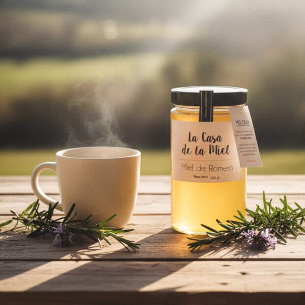 Miel de Romero cruda cosecha 2025 junto con una taza de té y unas ramas de romero encima de una mesa